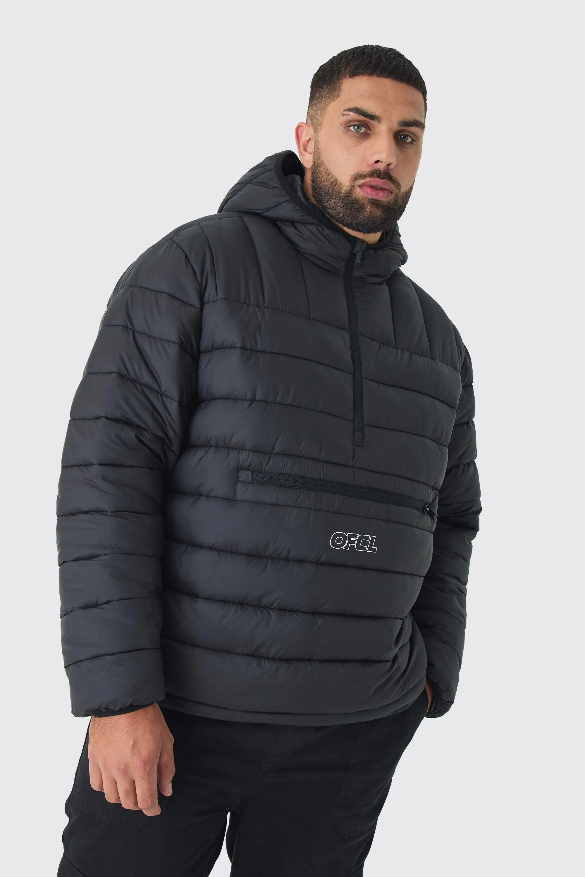 Plus Ofcl Half Zip Hooded Puffer Jacket In Black