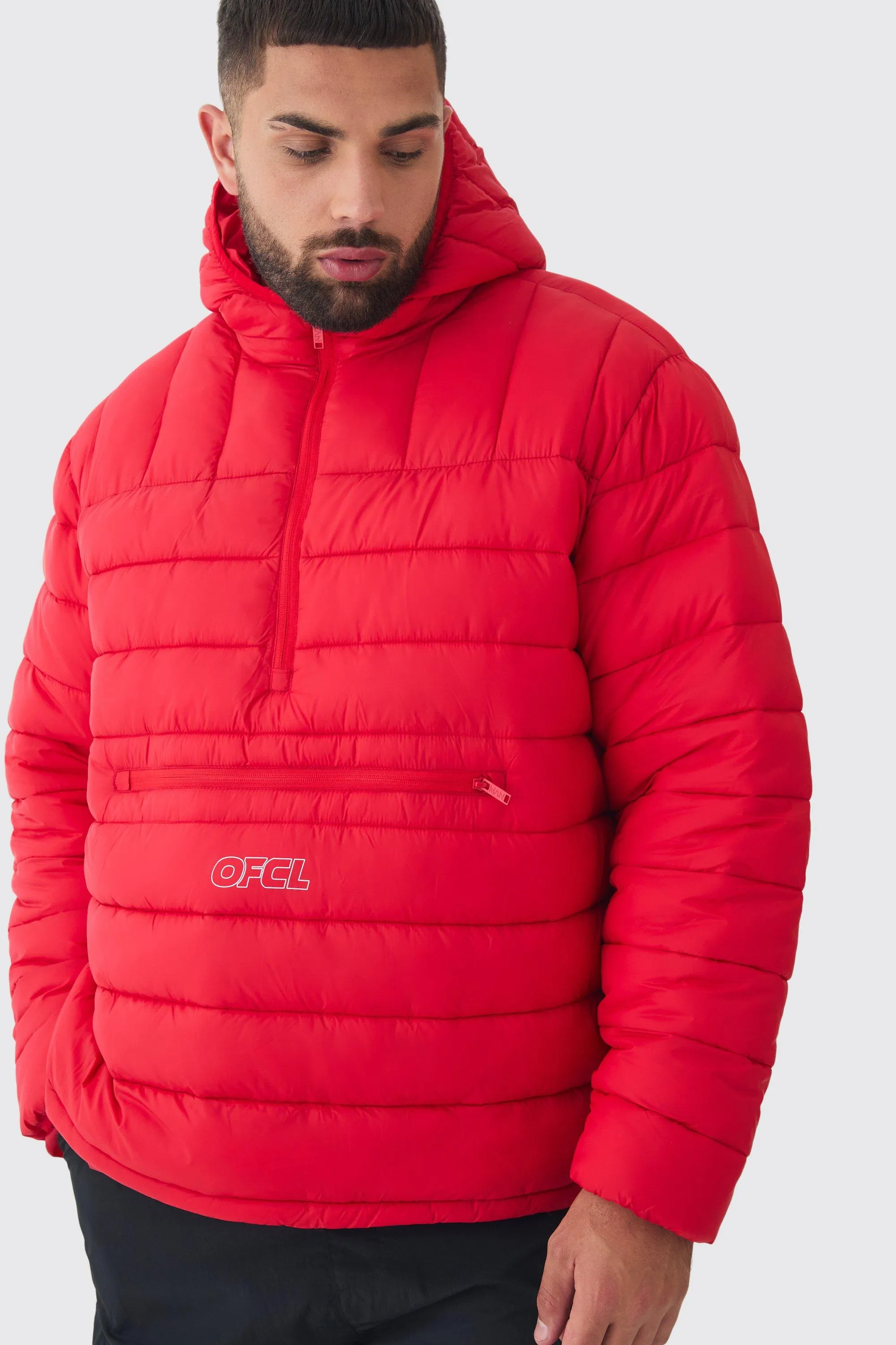 Plus Ofcl Half Zip Hooded Puffer Jacket In Red