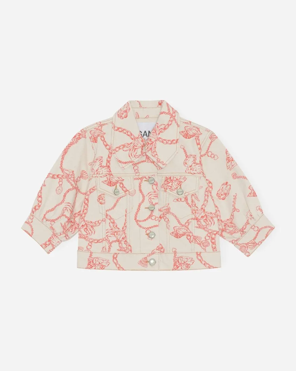 Print Denim Puff Sleeve Jacket - Egret