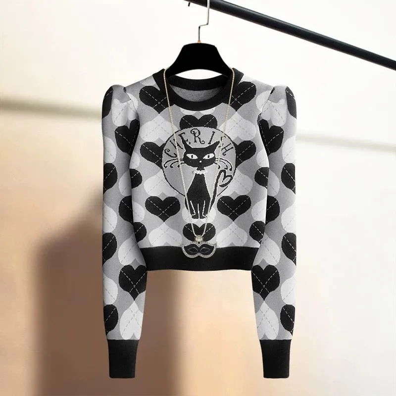 Puff sleeves high-end cat embroidered high-waist pullover sweater for women autumn and winter warm base knitted sweater outer to