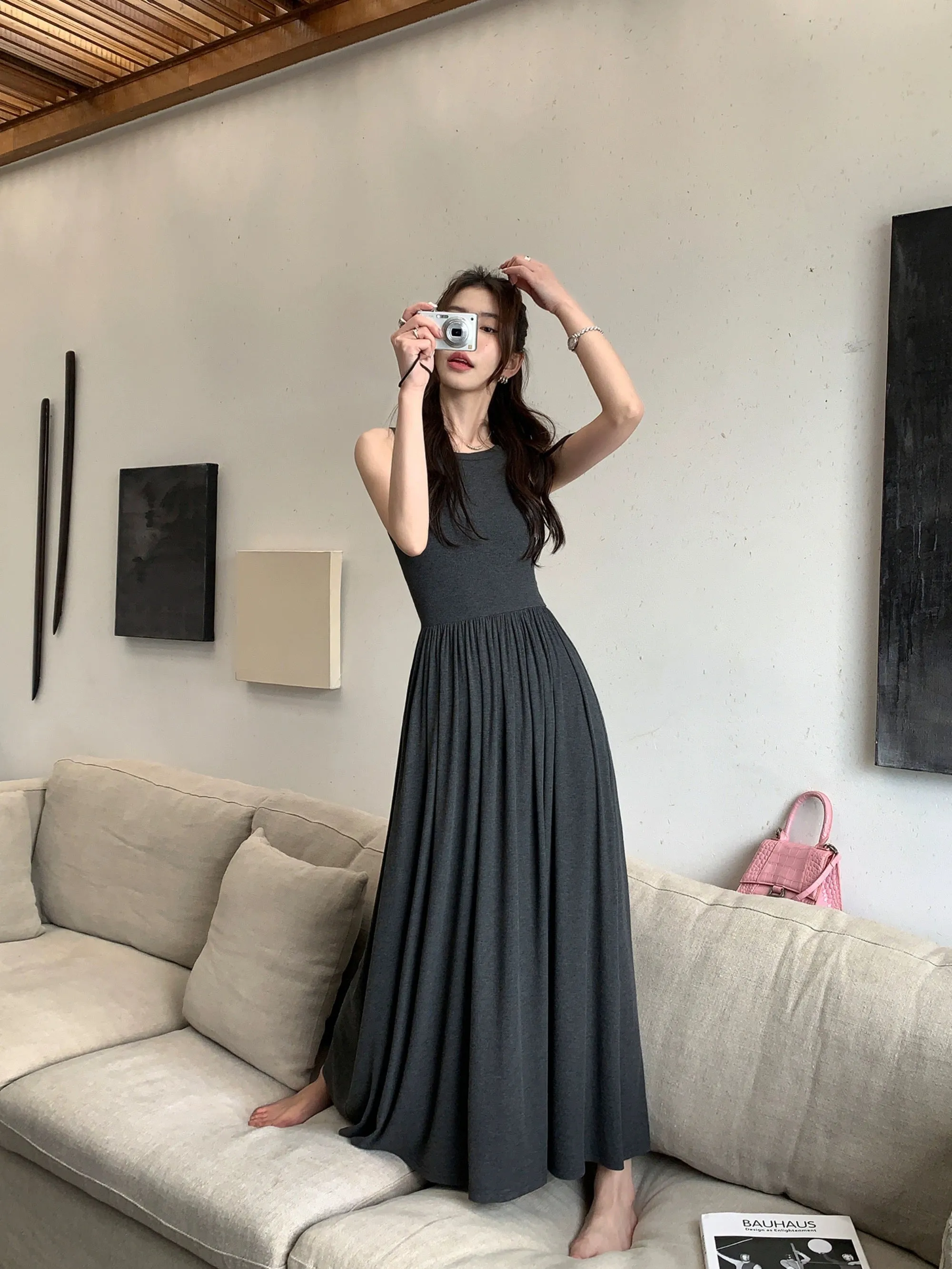 pusumede vest dress women's summer new style temperament waist skirt sleeveless knitted suspender long skirt