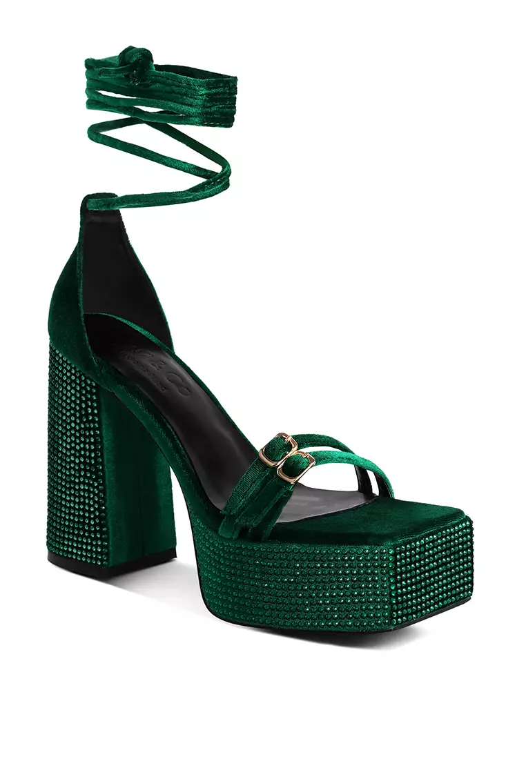 Rag & CO. Green High Platform Diamante Lace Up Sandals