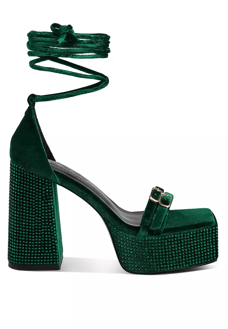 Rag & CO. Green High Platform Diamante Lace Up Sandals