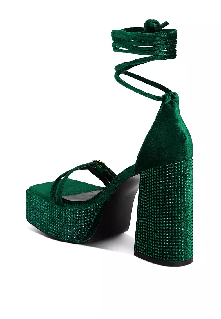 Rag & CO. Green High Platform Diamante Lace Up Sandals