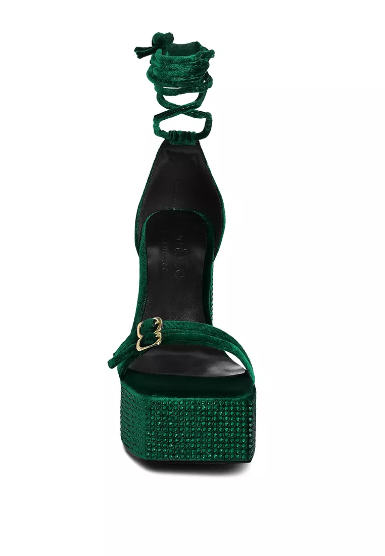 Rag & CO. Green High Platform Diamante Lace Up Sandals