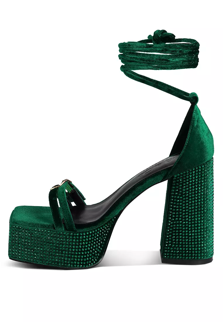 Rag & CO. Green High Platform Diamante Lace Up Sandals