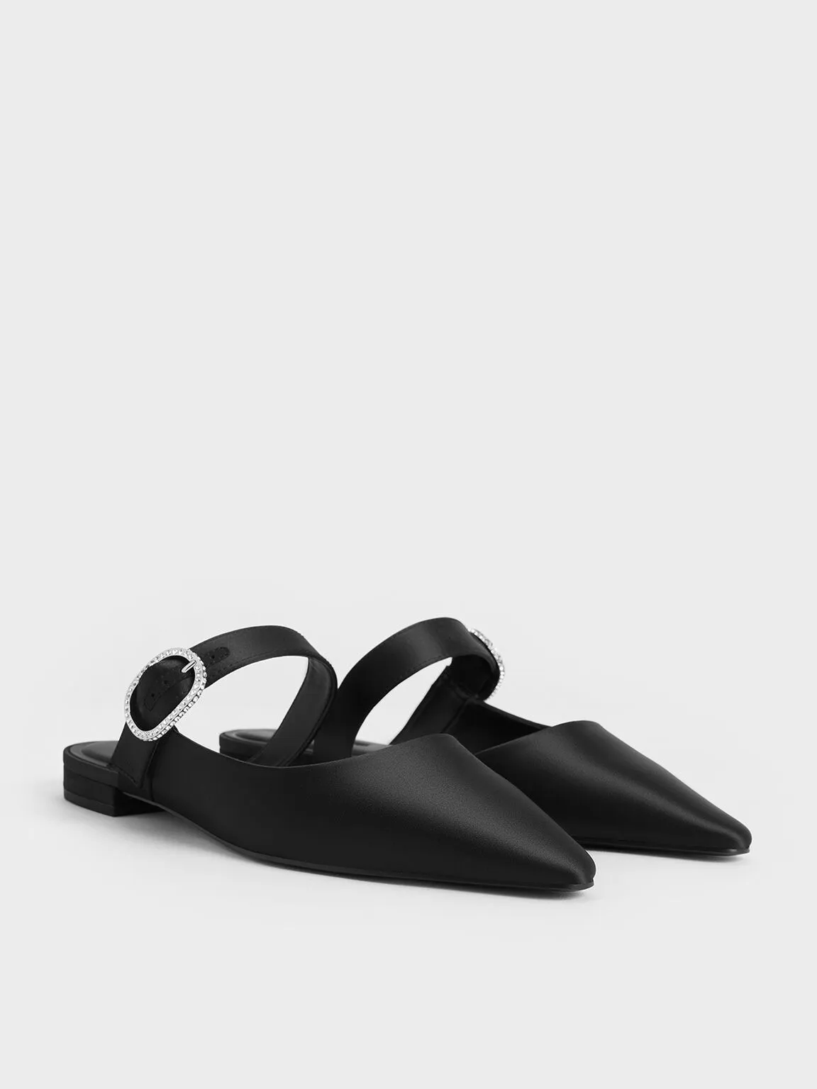 Recycled Polyester Crystal-Buckle Pointed-Toe Mules - Black Textured