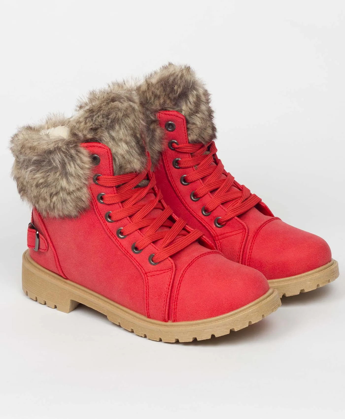 Red Faux Fur Lined Buckle Combat Boots