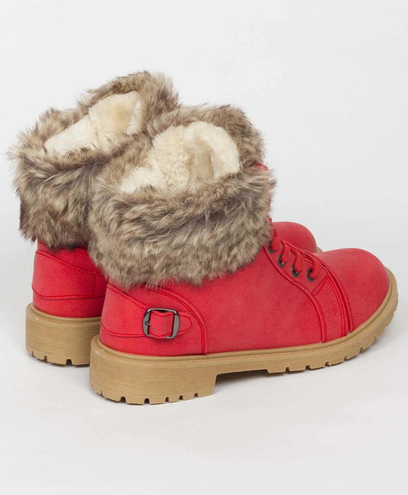 Red Faux Fur Lined Buckle Combat Boots