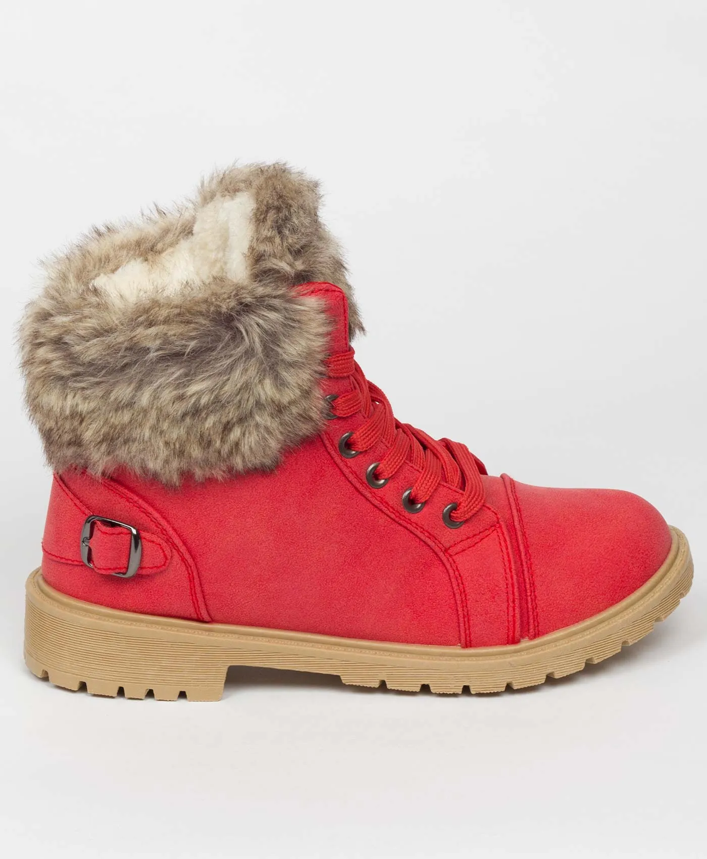 Red Faux Fur Lined Buckle Combat Boots