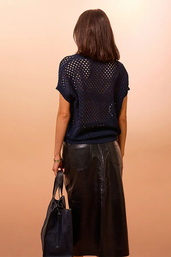 Rodier NIGHT BLUE OPENWORK SHORT-SLEEVE SWEATER