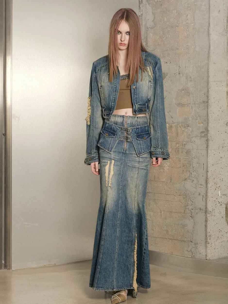 Set-Up Denim Washed Vintage Mermaid Jacket＆Long-Skirt