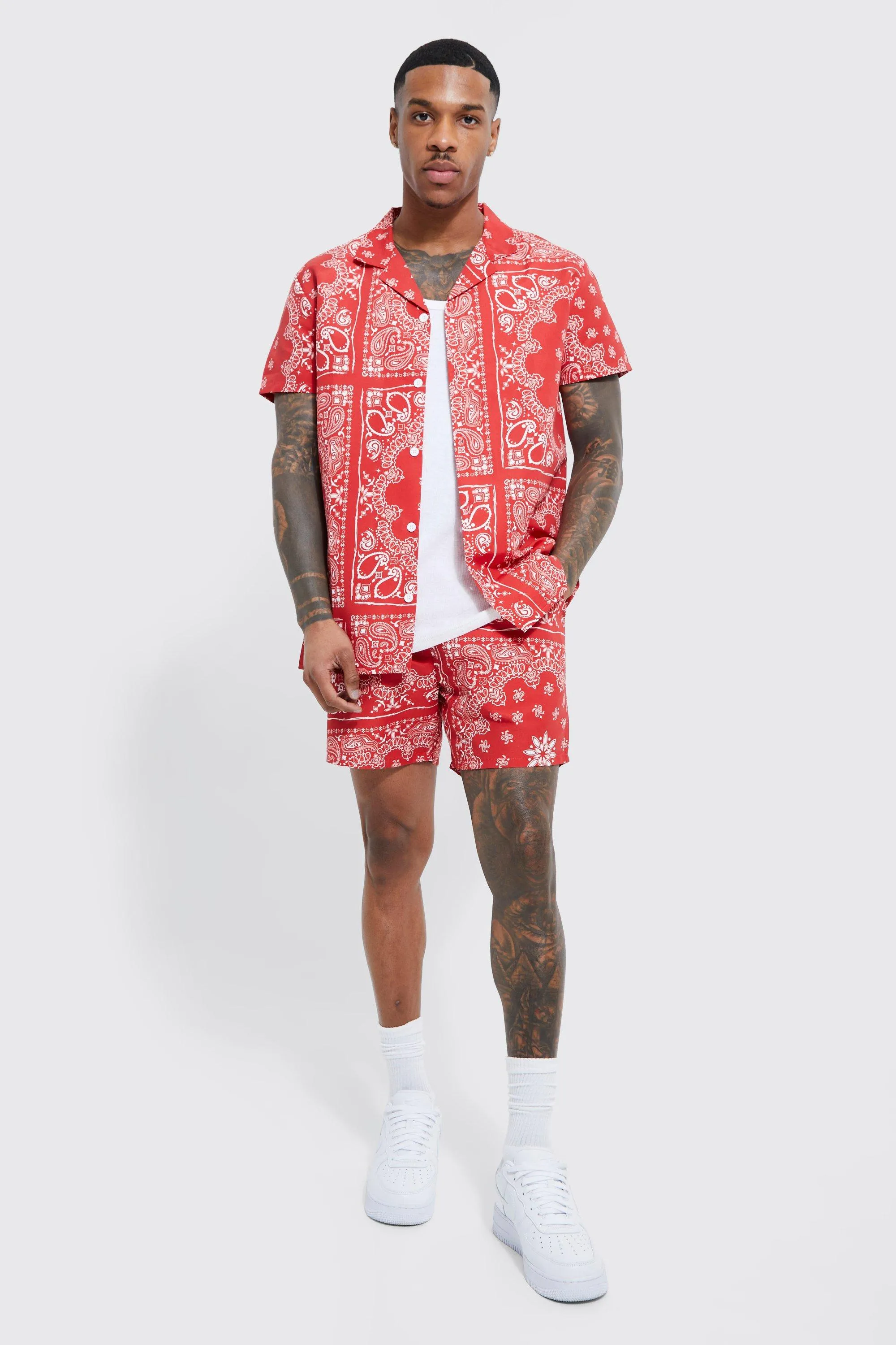 Short Sleeve Bandana Swirl Shirt And Swim Short | boohooMAN UK