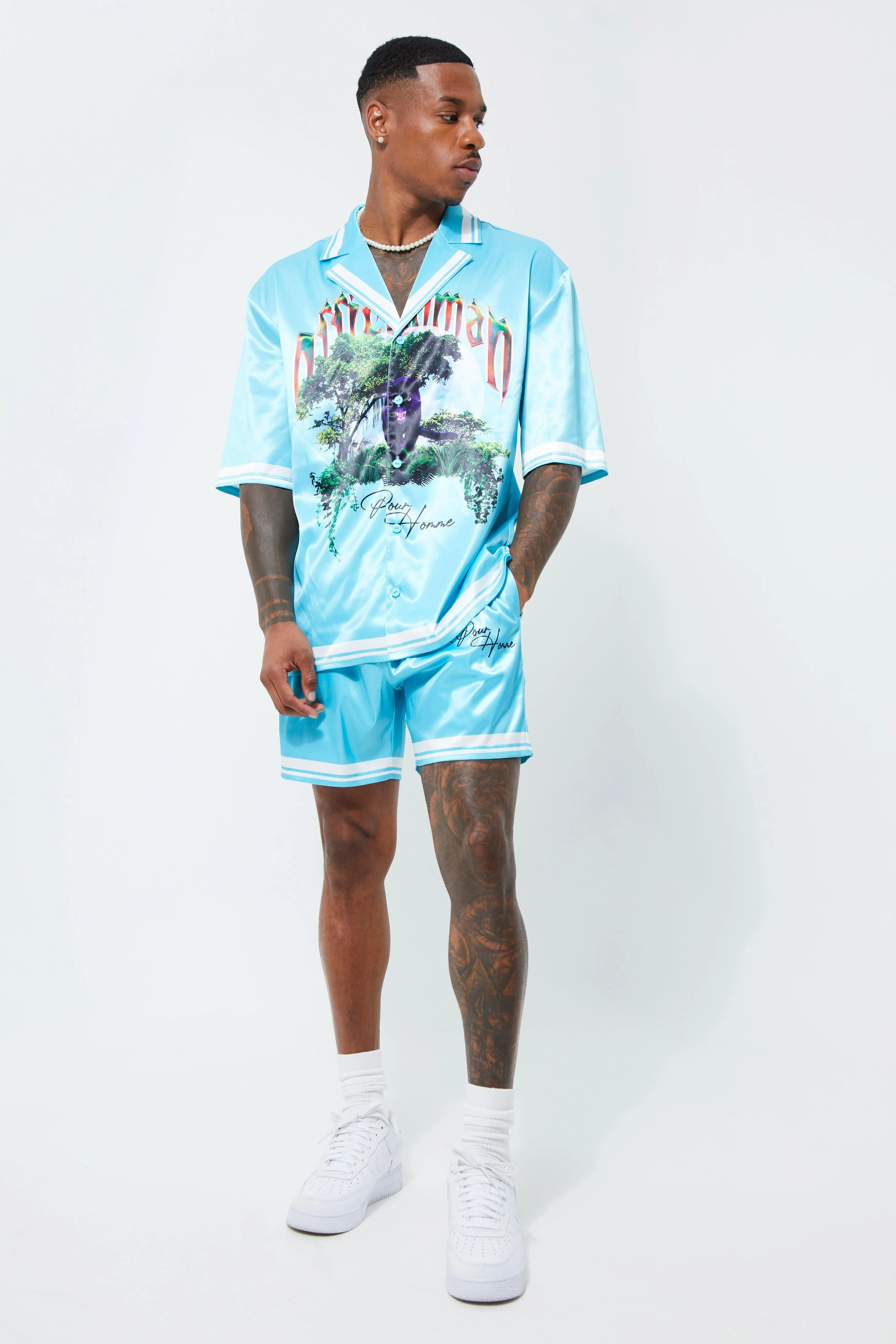 Short Sleeve Revere Pour Home Satin Short Set | boohooMAN UK