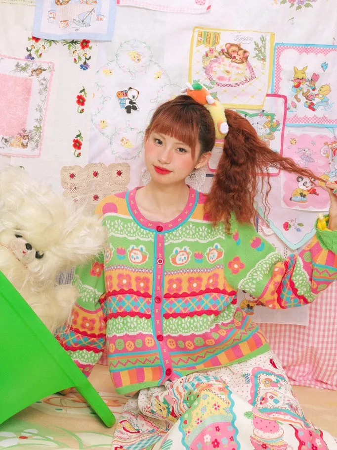 Striped Bunny Check Round Neck Knitted Cardigan