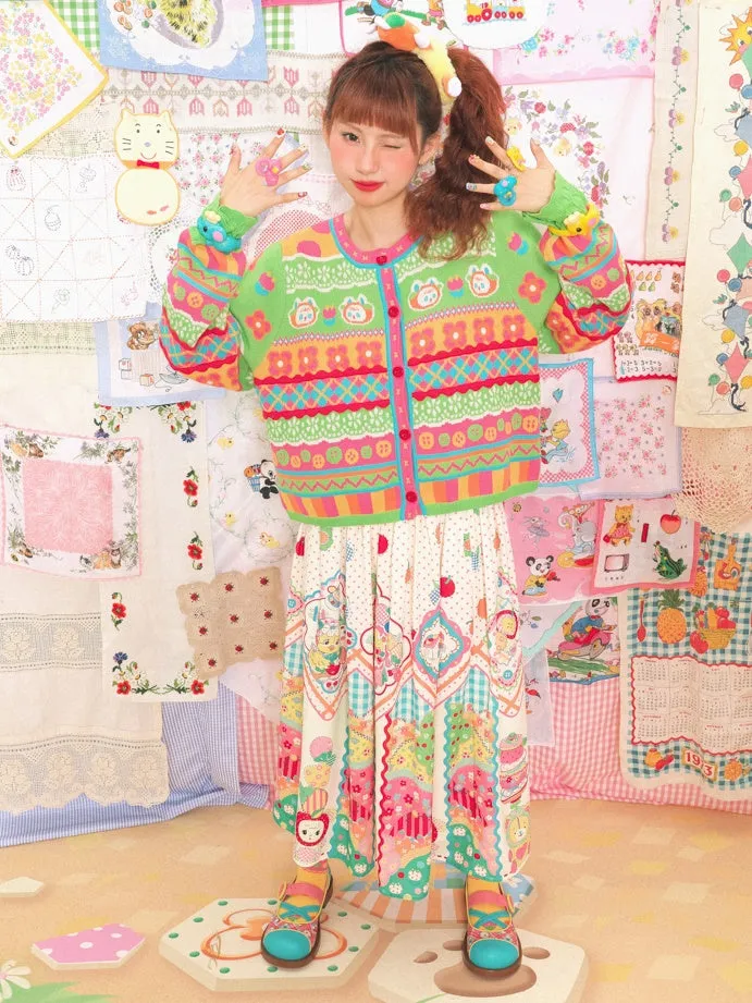 Striped Bunny Check Round Neck Knitted Cardigan