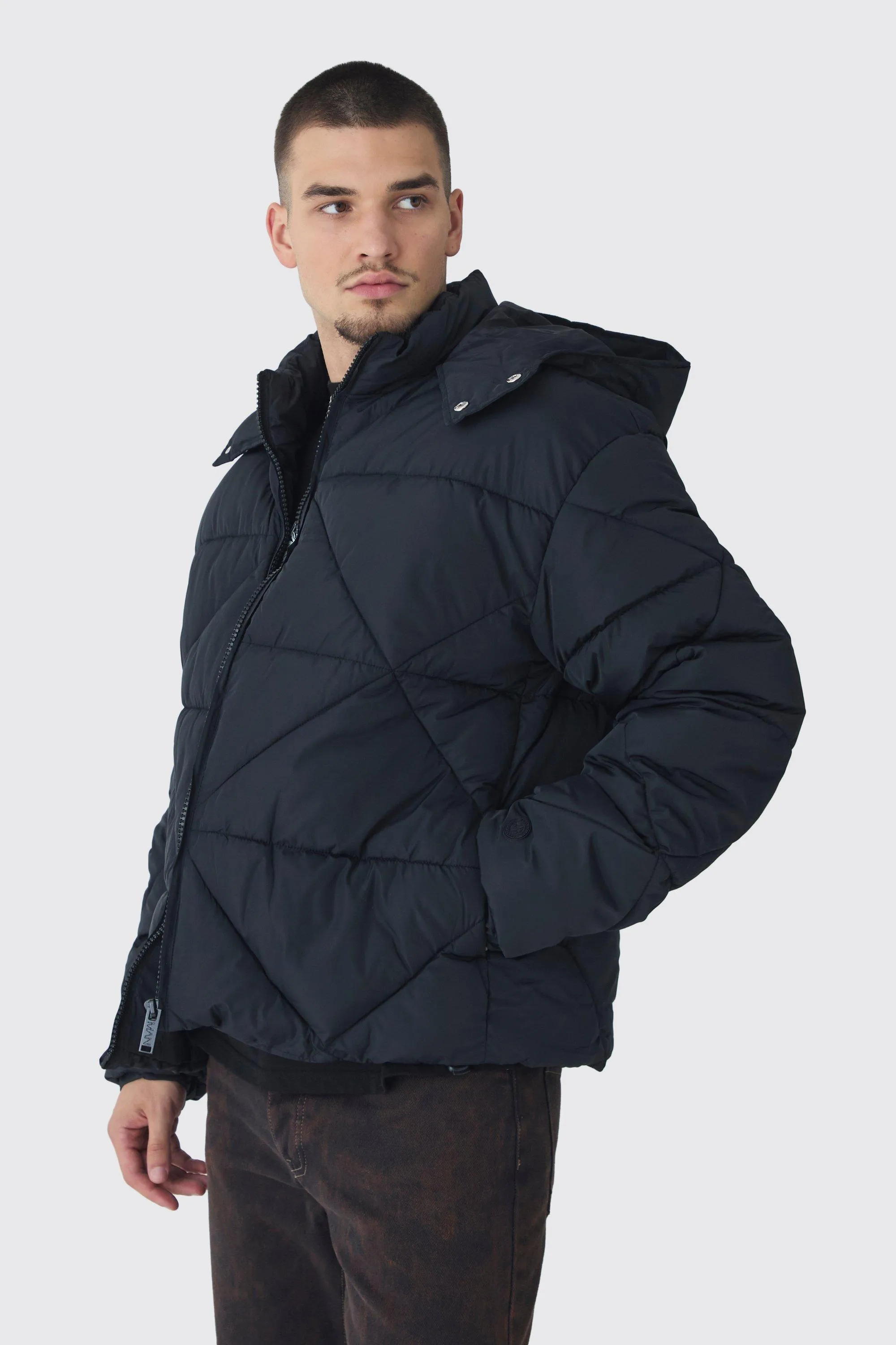 Tall Abstract Quilted Puffer Jacket In Black