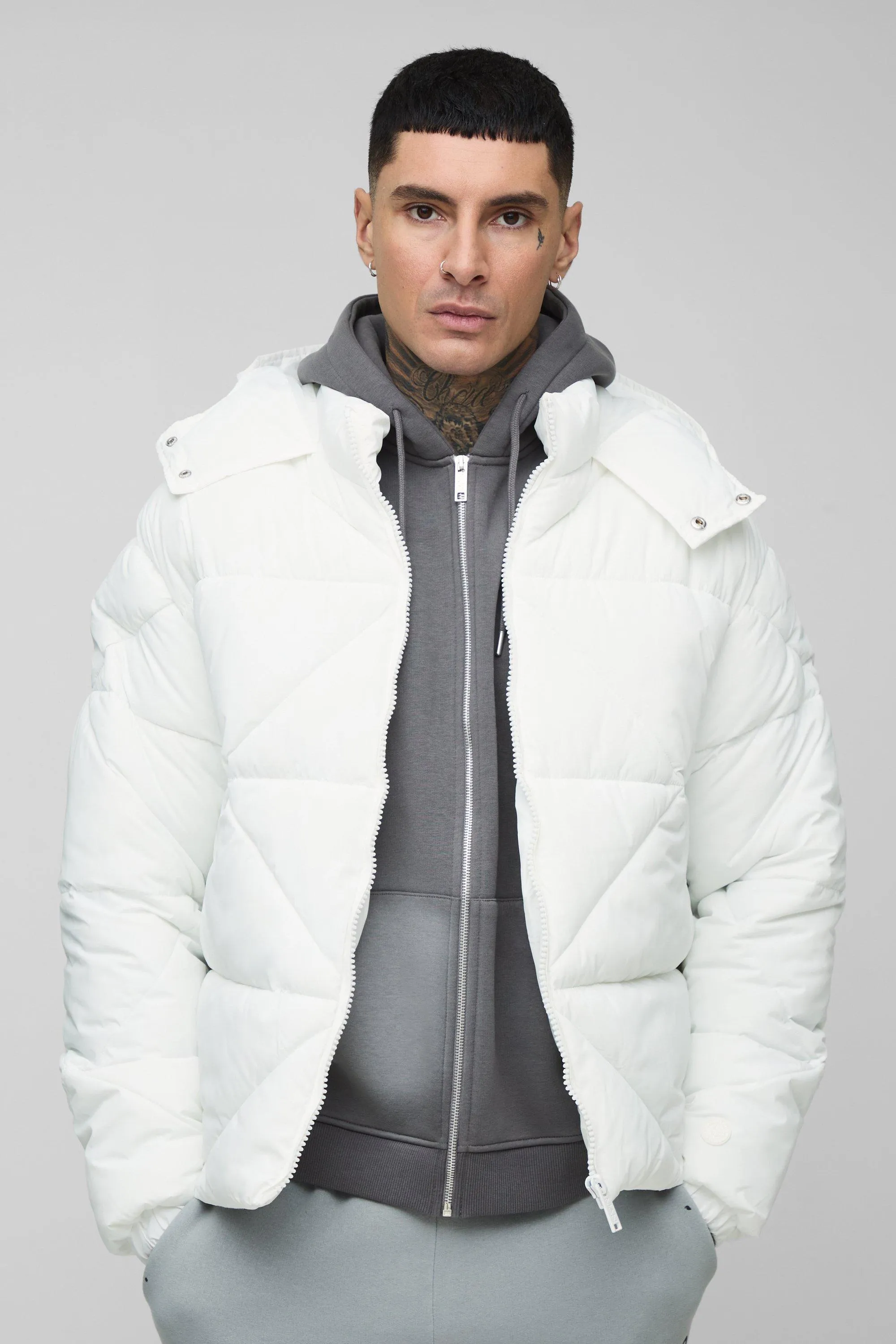 Tall Abstract Quilted Puffer Jacket In White