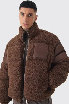 Tall Borg & Nylon Funnel Neck Puffer Jacket In Chocolate