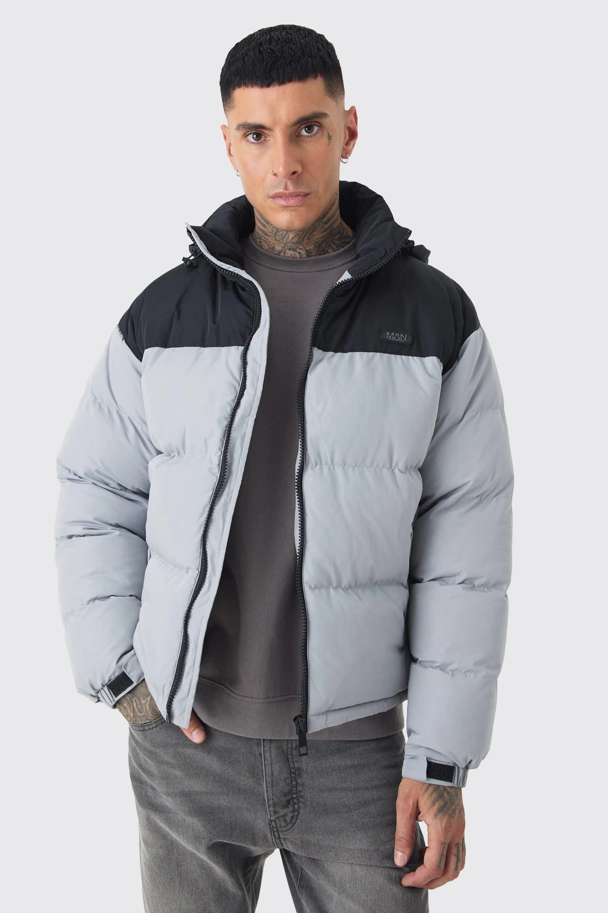 Tall Color Block Concealed Hood Puffer Jacket In Grey