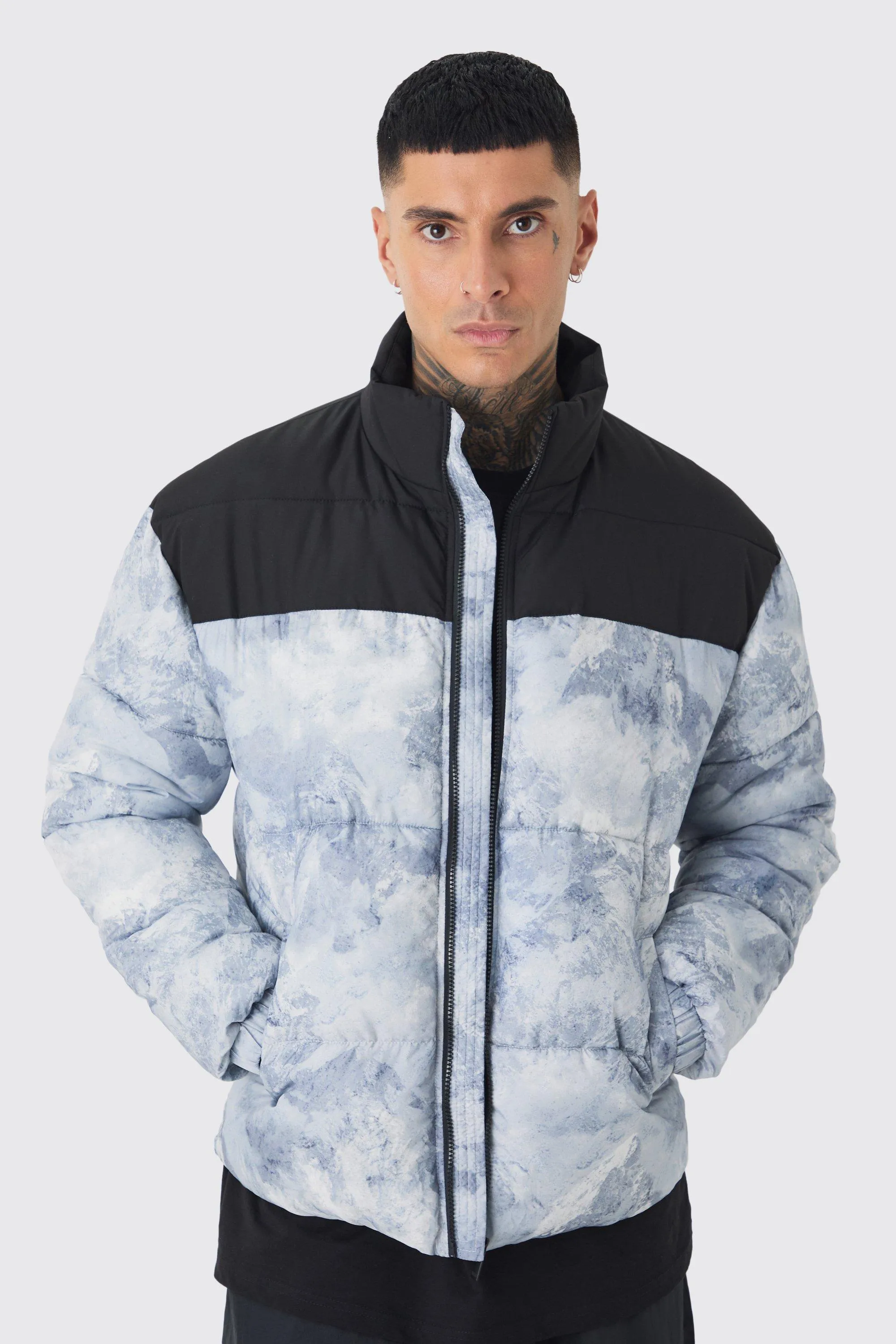 Tall Color Block Printed Funnel Neck Puffer Jacket In Grey