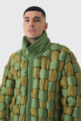 Tall Contrast Hand Weft Padded Puffer Jacket In Khaki