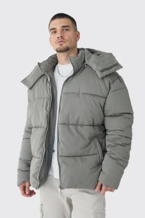 Tall Extended Funnel Neck Hooded Puffer Jacket In Grey