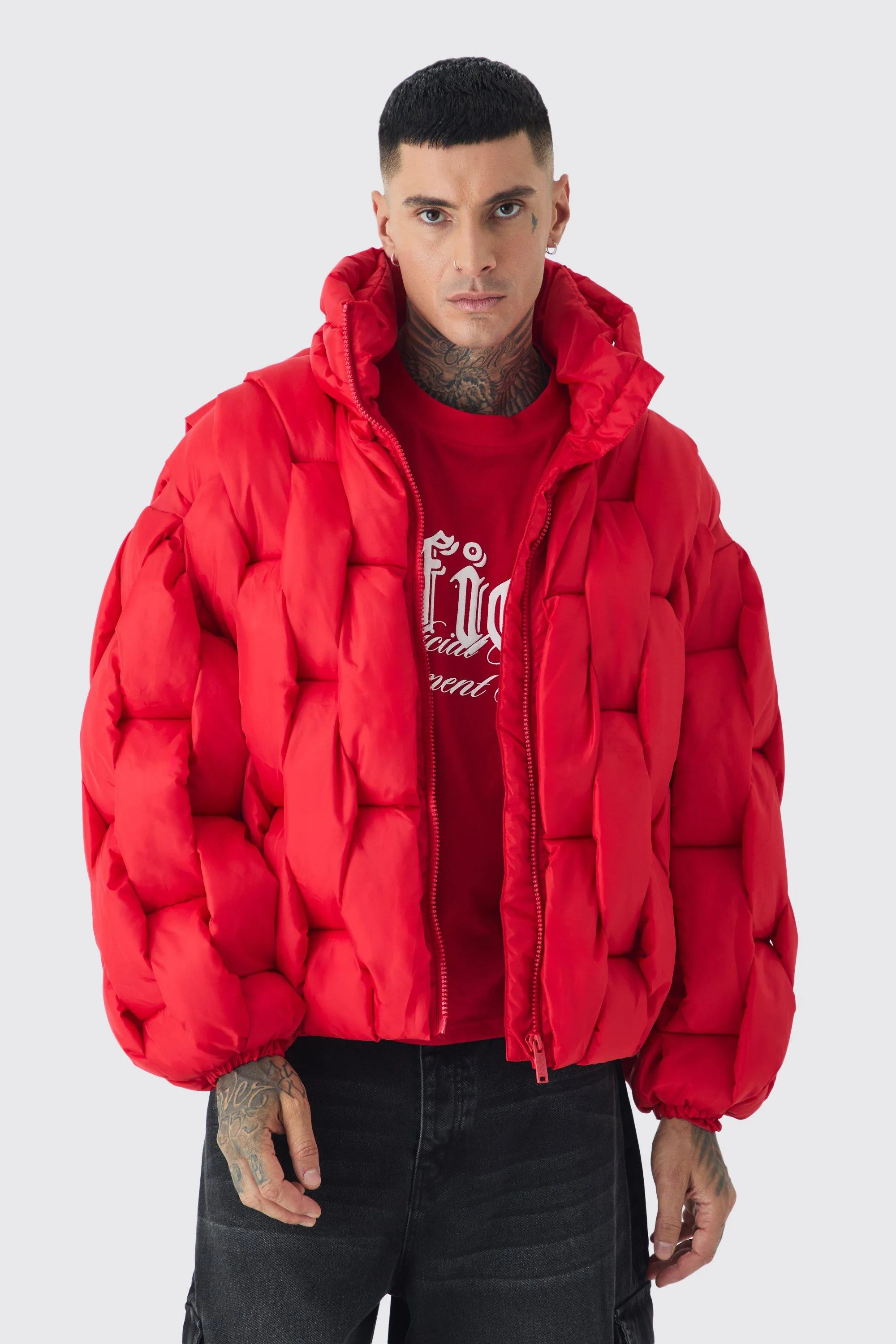 Tall Hand Weft Padded Puffer Jacket In Red