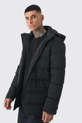 Tall Mid Length Hooded Puffer Jacket In Black