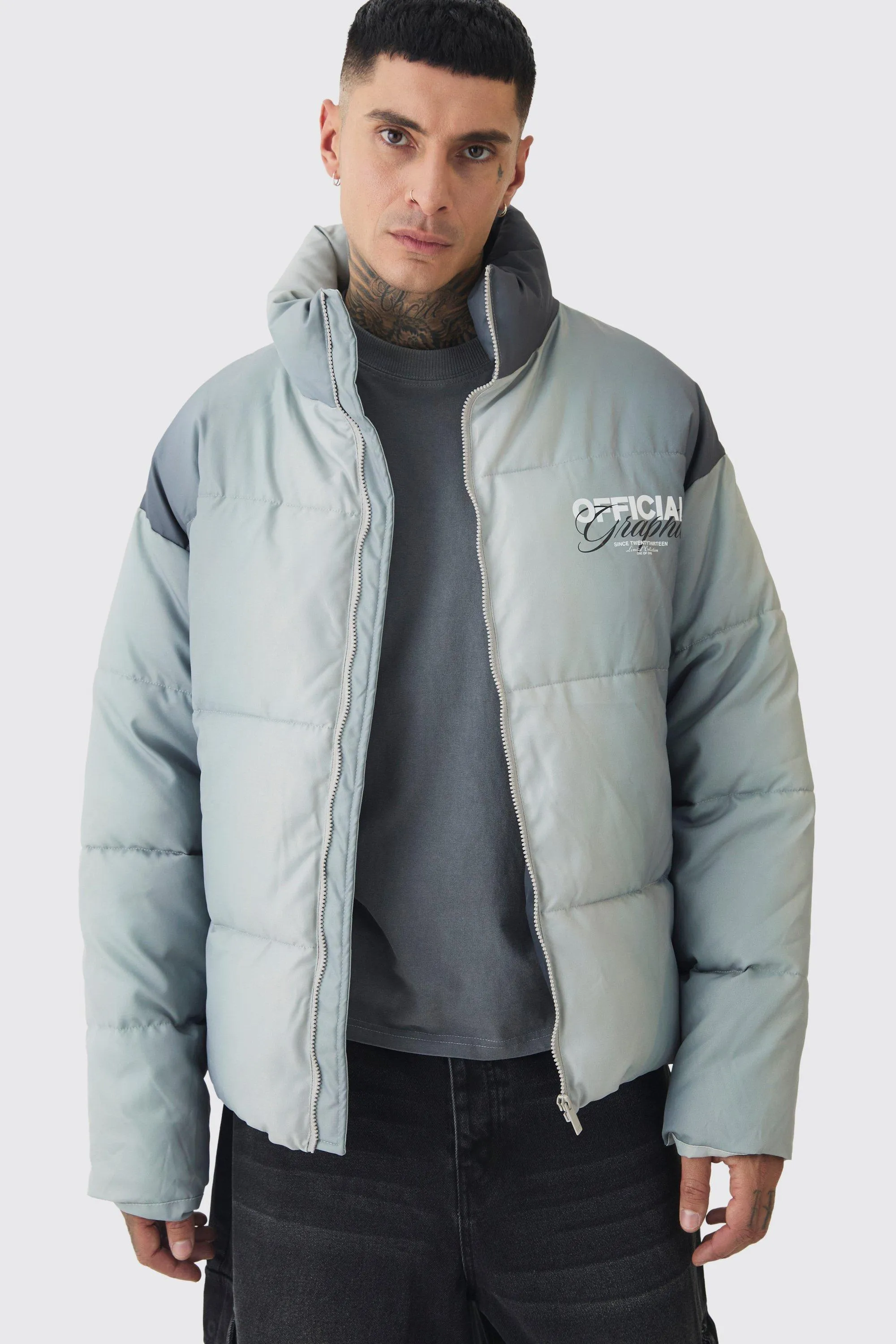 Tall Official Ombre Funnel Neck Puffer Jacket In Grey