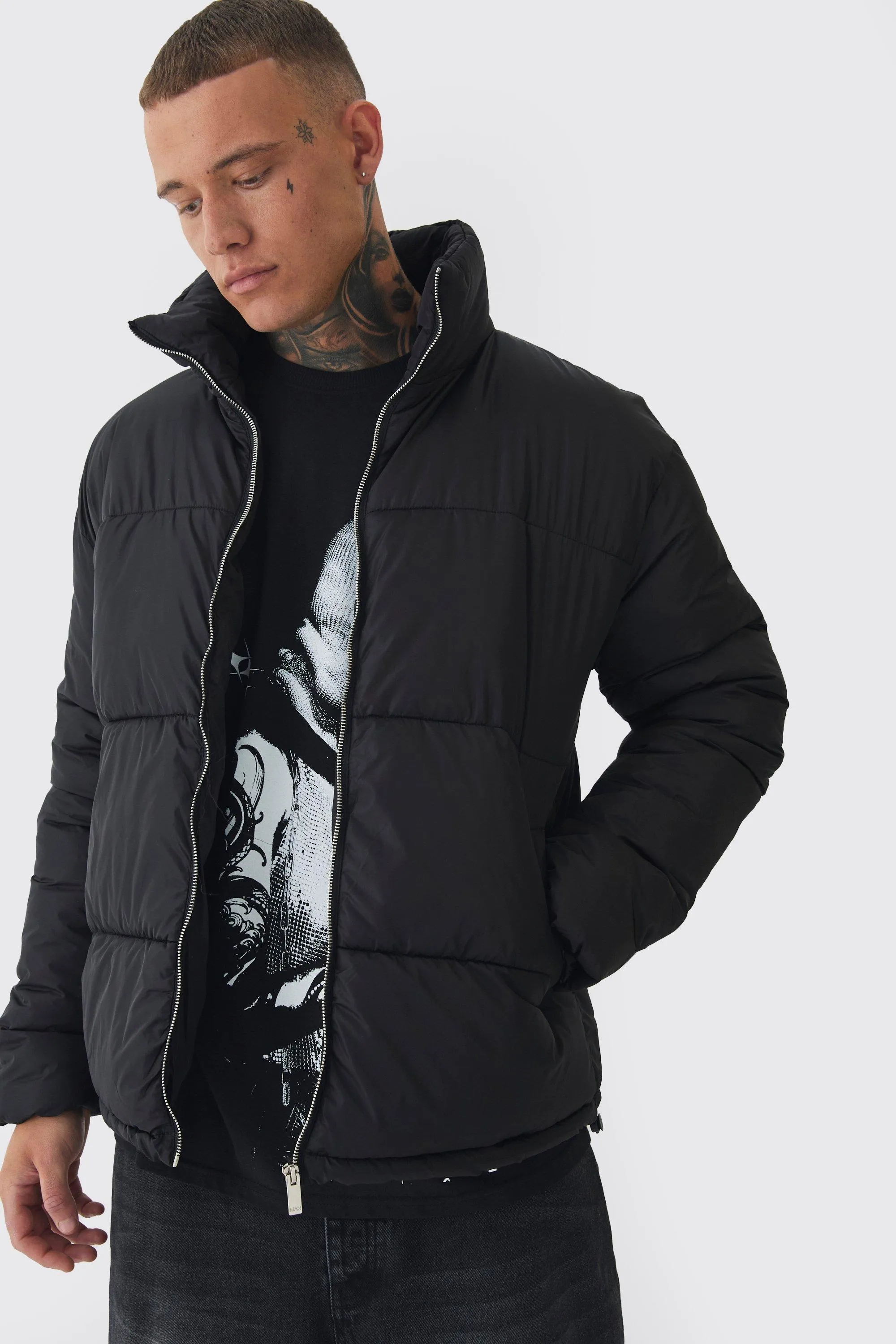 Tall Worldwide Applique Funnel Neck Puffer Jacket In Black