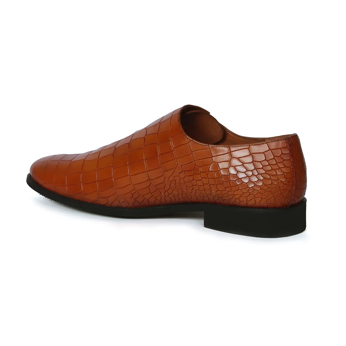 Tan Cross Stitched Oxford Side Lacing Full Deep Cut Croco Textured Leather Formal Shoes by Brune & Bareskin