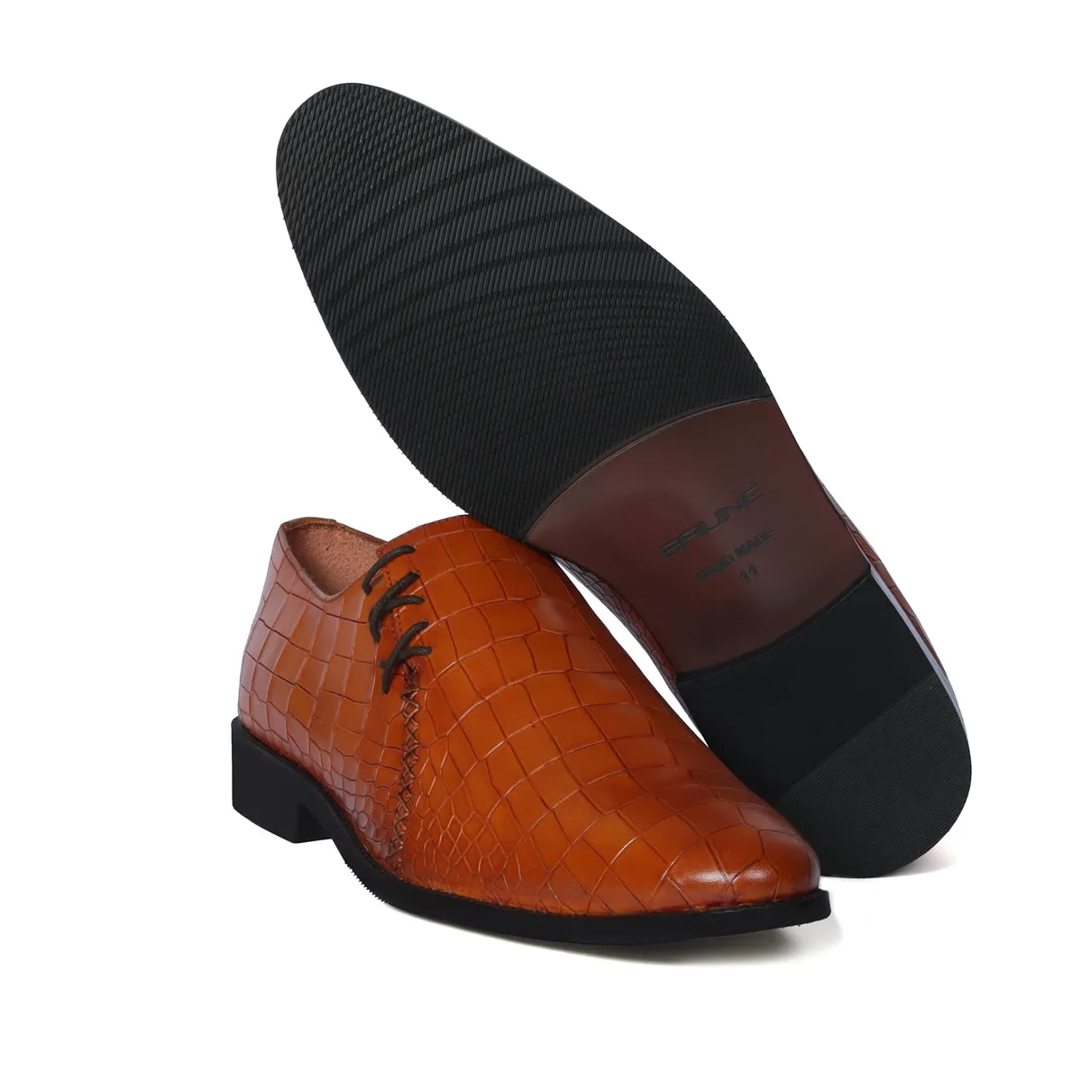 Tan Cross Stitched Oxford Side Lacing Full Deep Cut Croco Textured Leather Formal Shoes by Brune & Bareskin