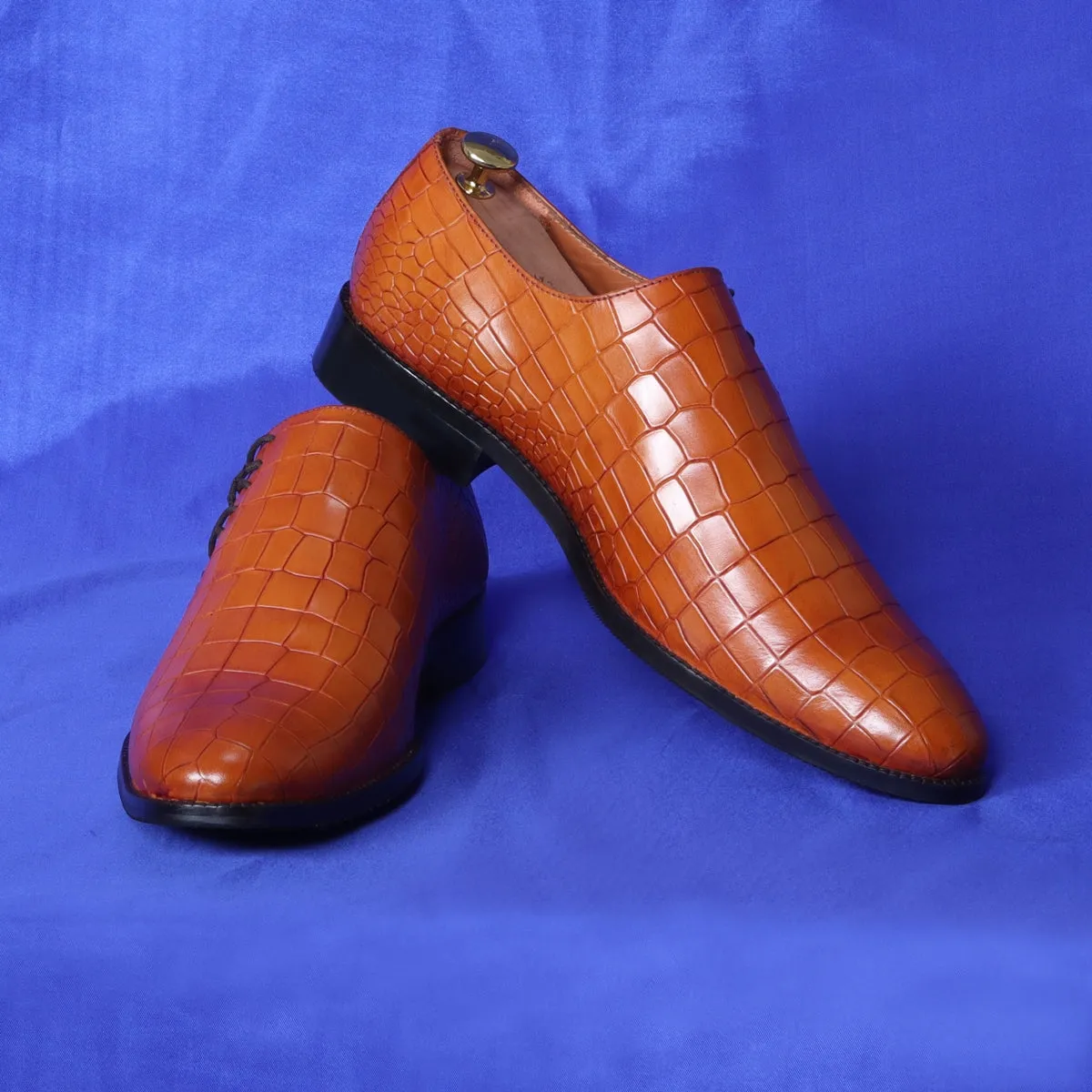 Tan Cross Stitched Oxford Side Lacing Full Deep Cut Croco Textured Leather Formal Shoes by Brune & Bareskin