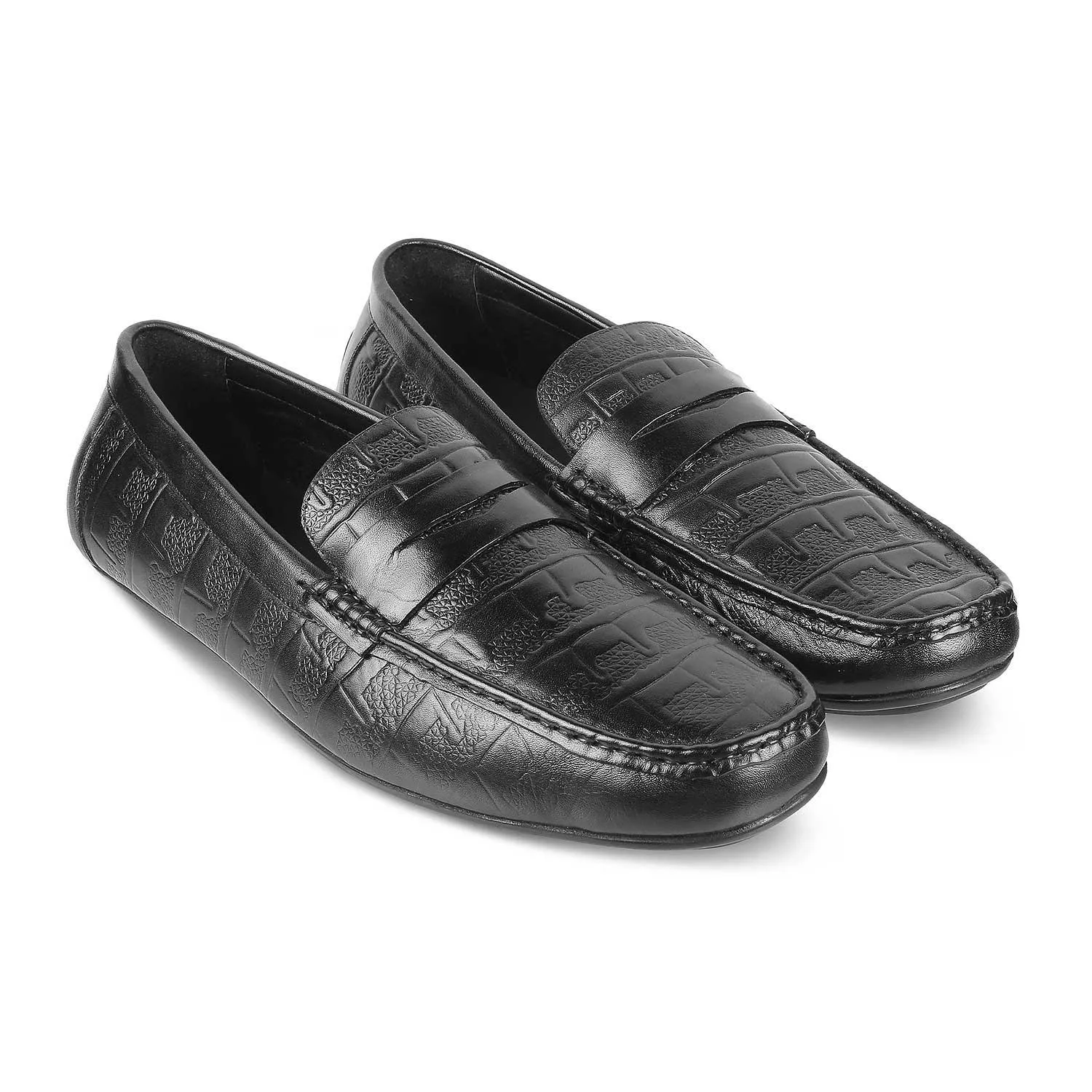 The Miland Black Men's Textured Leather Driving Loafers Tresmode