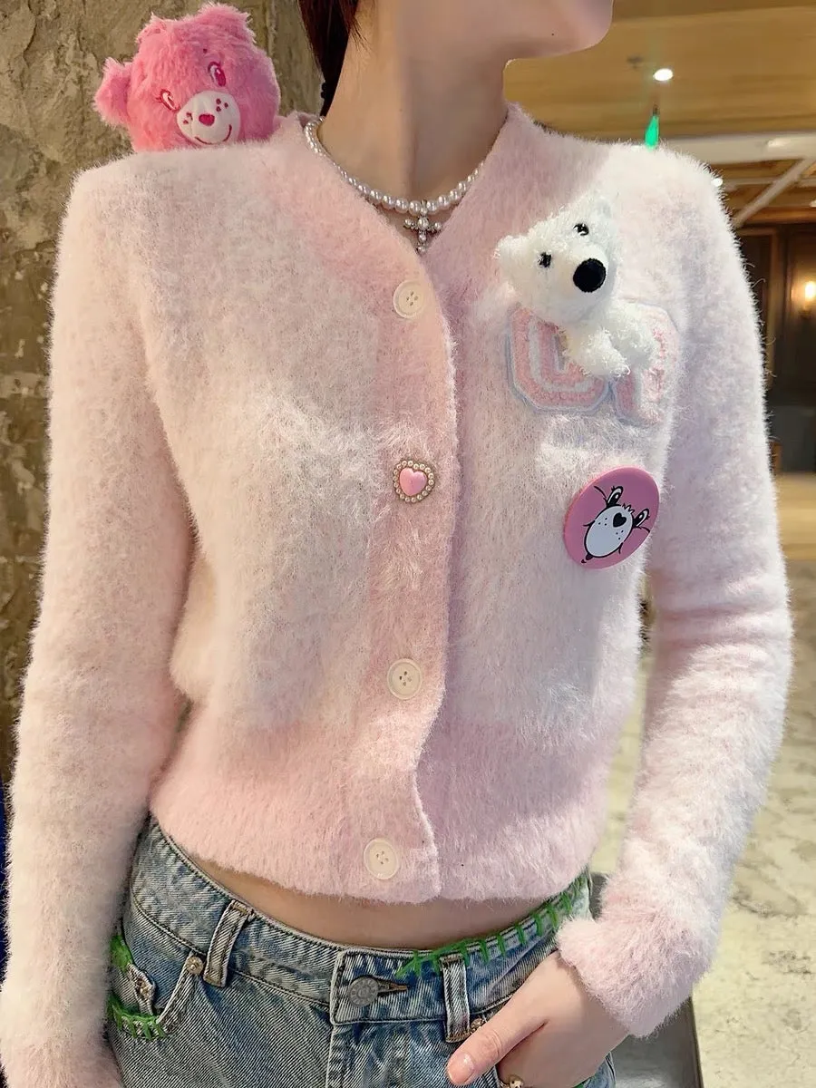 Thebestxue 2023 new Korean style pink short v-neck bear decorated sweater cardigan sweater for women autumn