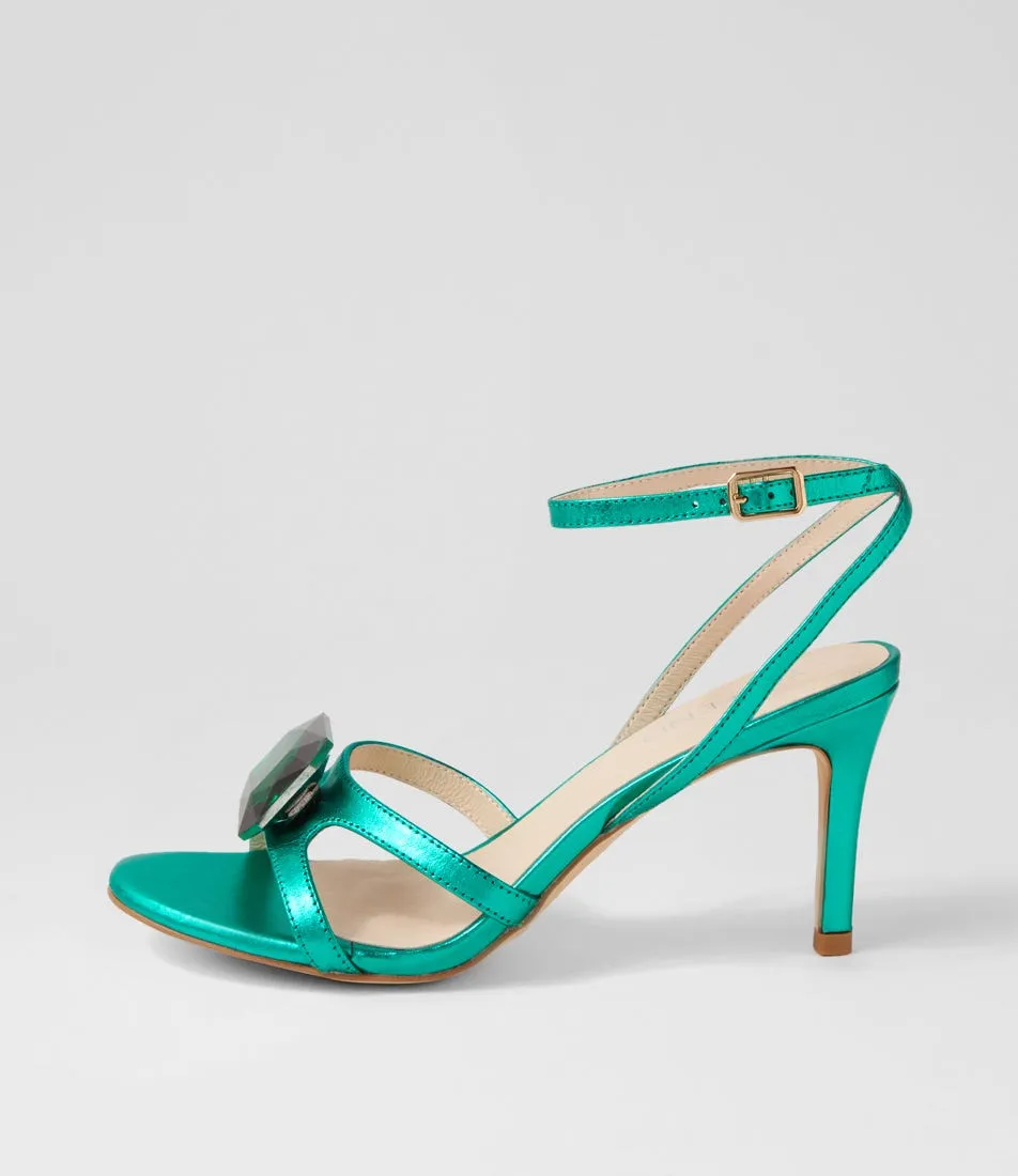 TOP END Ninie Emerald Metallic Clear Leather Jewels Sandals