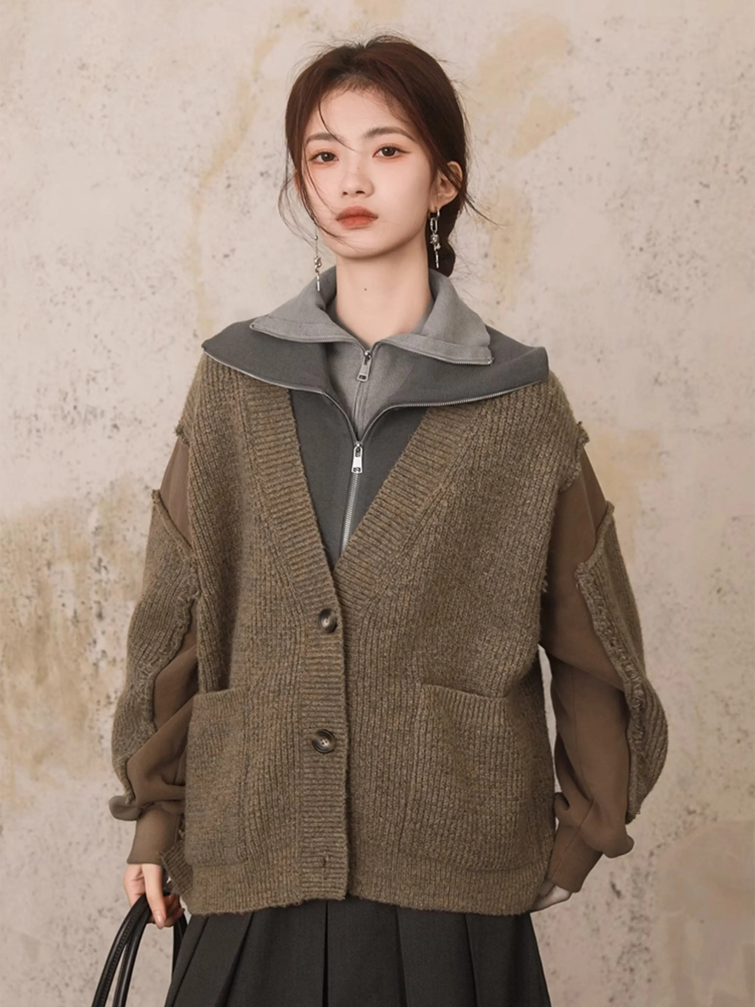 V-Neck Patchwork Knitted Cardigan