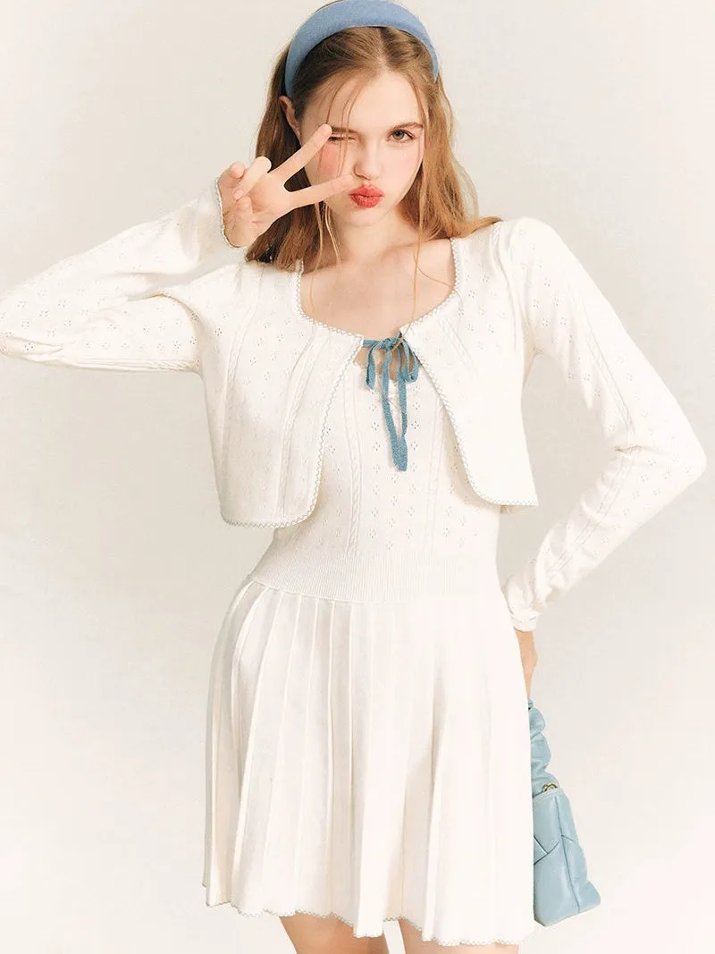 V-neck Suspender Skirt ＆ Knitted Cardigan Set-up
