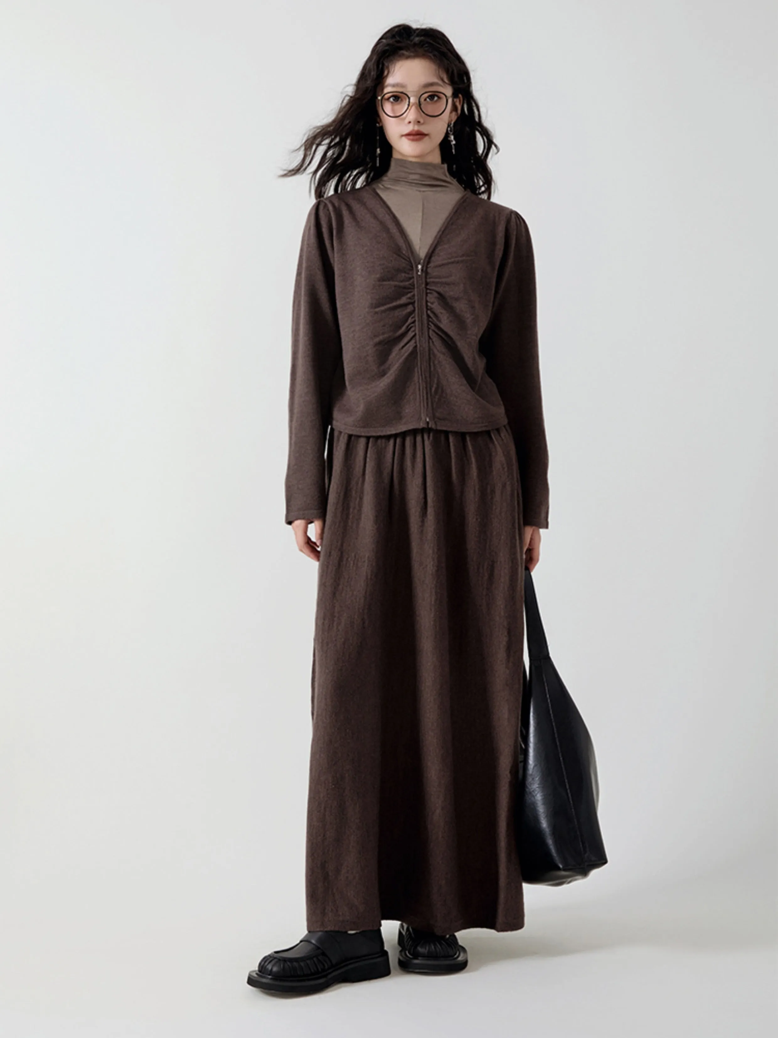 V-neck ZIP Cardigan ＆ Gather Long Skirt