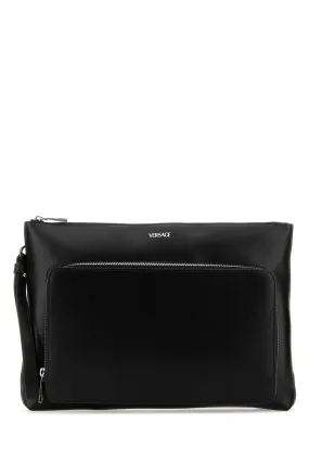 Versace Black Leather Large Cargo Clutch
