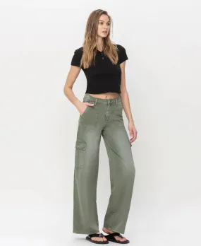 Vervet- HIGH RISE UTILITY CARGO WIDE LEG JEANS- Army Green