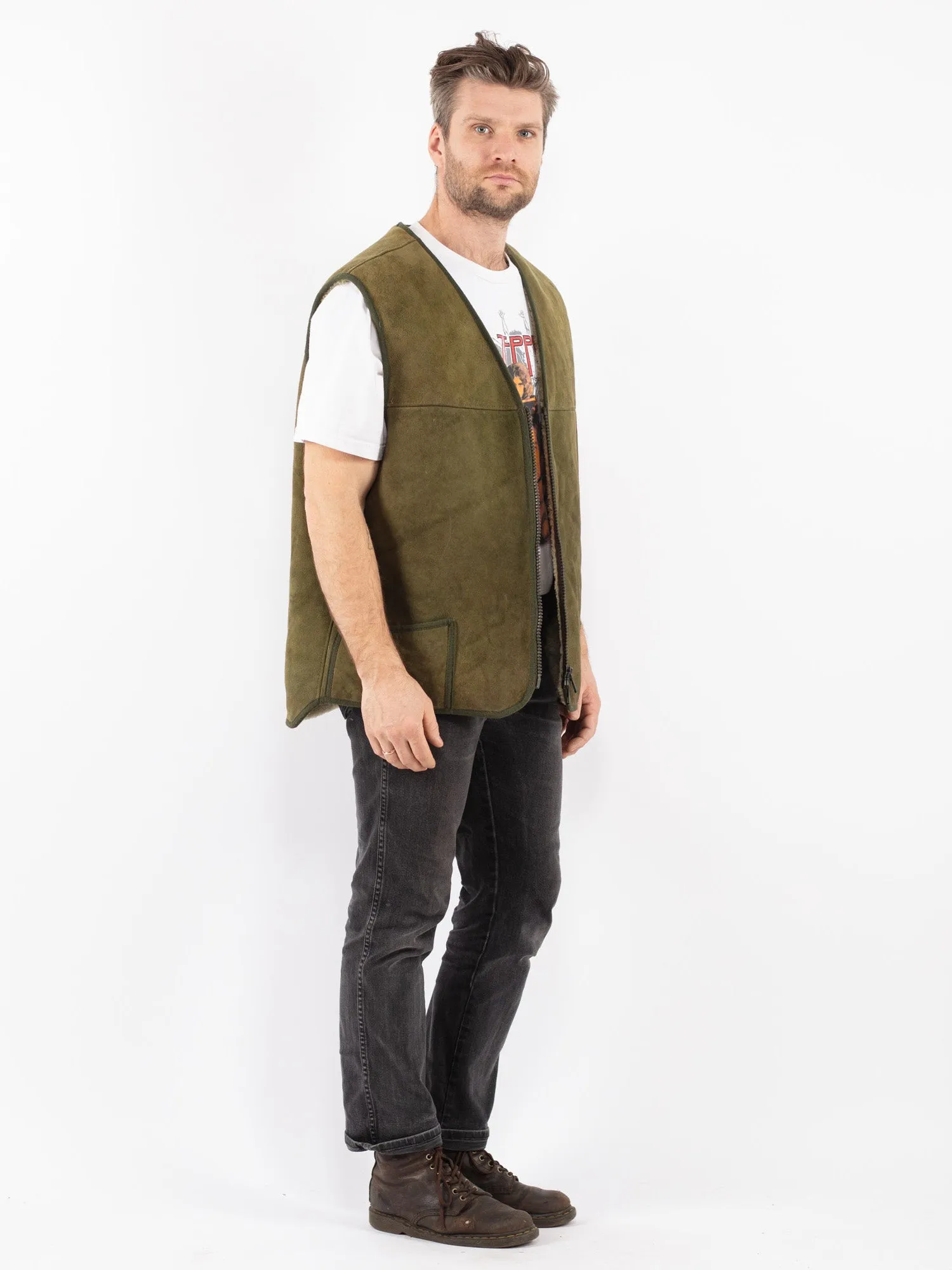 Vintage 70's Men Sheepskin Vest in Green