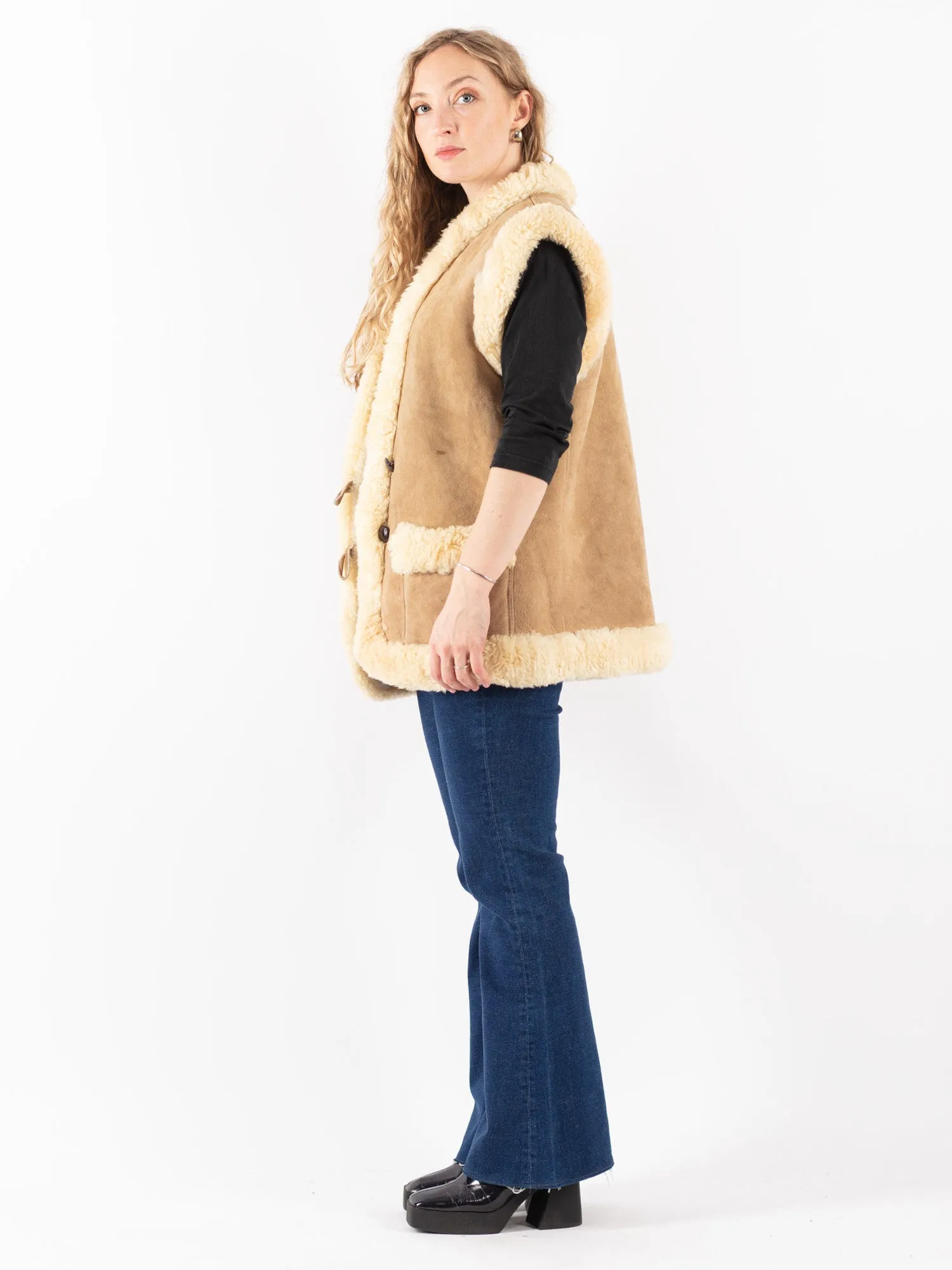 Vintage 70's Women Afghan Sheepskin Vest in Beige