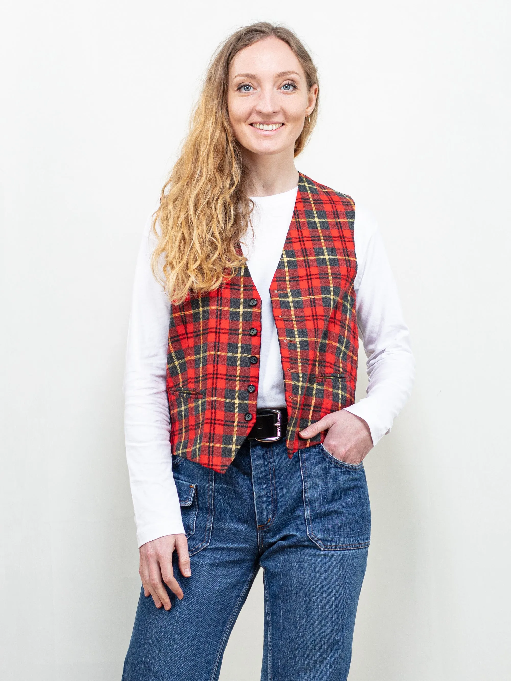 Vintage 80's Women Plaid Waistcoat Vest