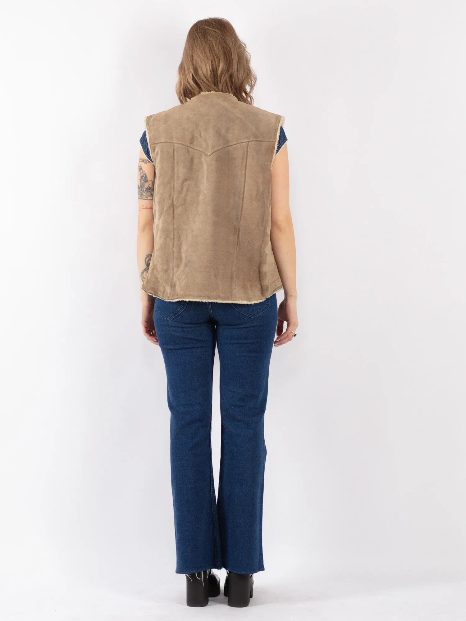 Vintage 90's Women Suede Sherpa Vest in Beige