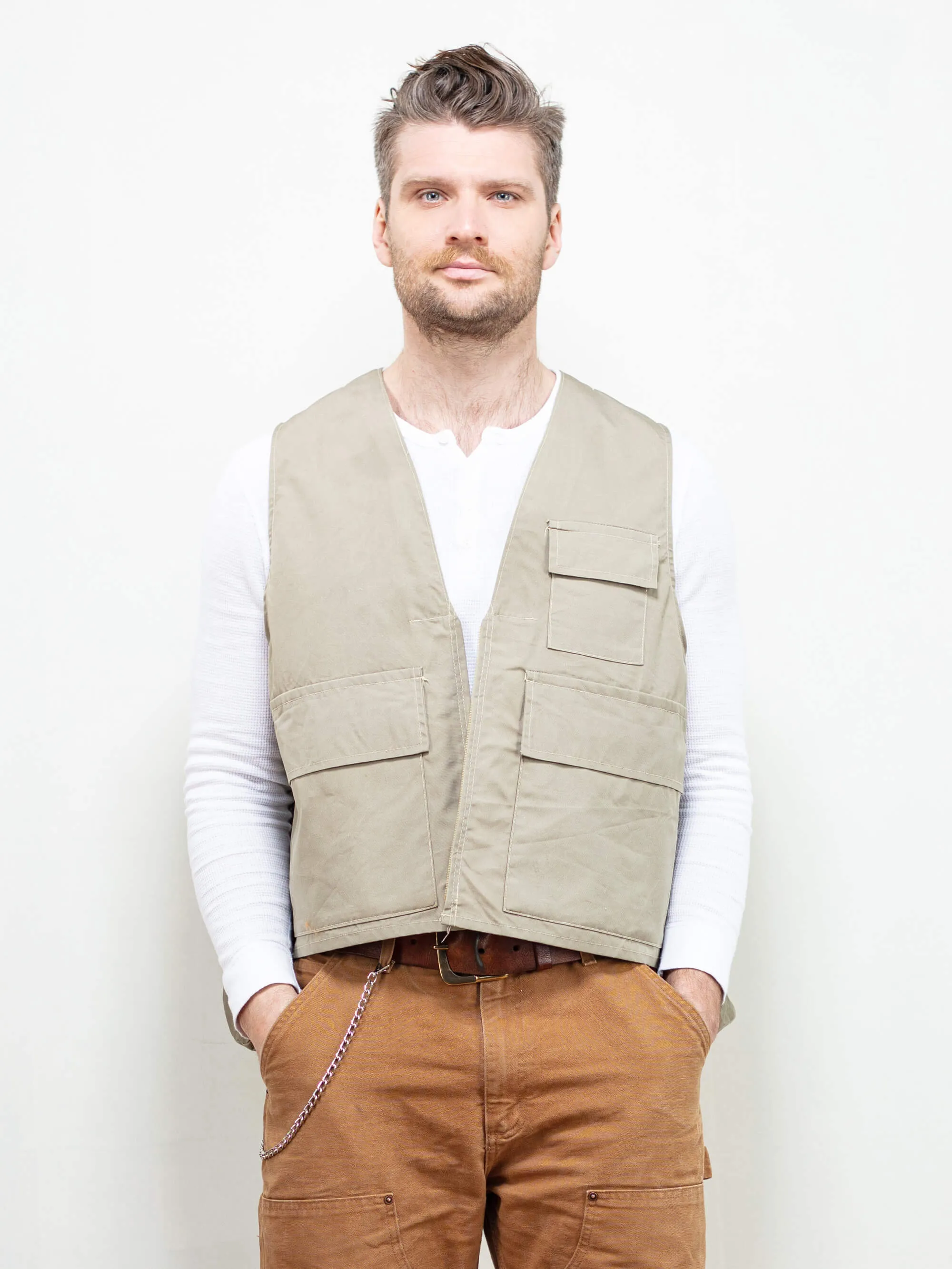 Vintage Men 80's Grey Hunting Waistcoat Vest