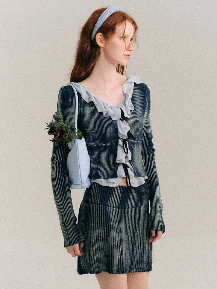 Washed Tie-dye Lace-up Knitted Cardigan & Skirt