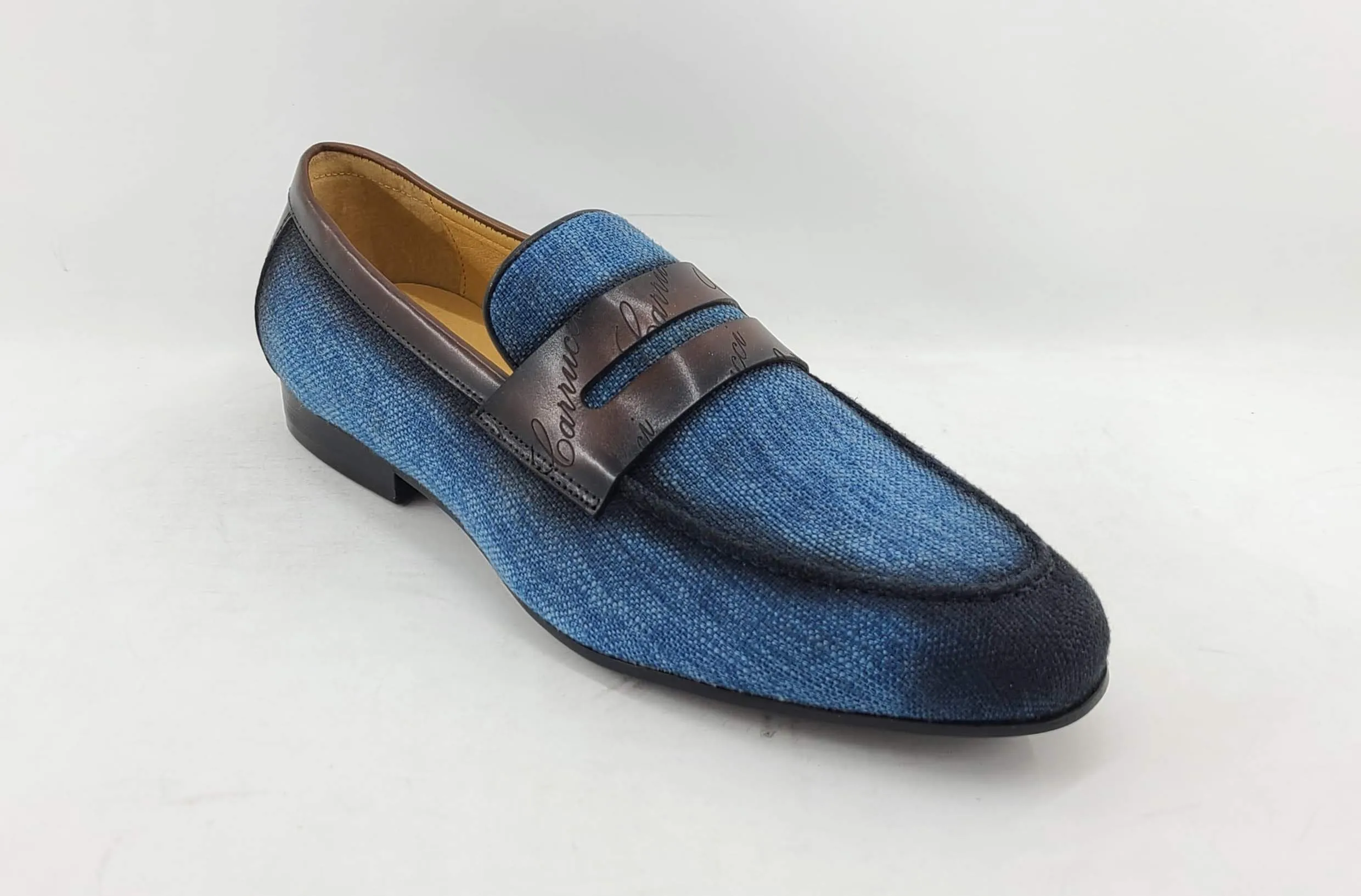 Woven Canvas & Calfskin Slip-On Loafer Blue/Brown