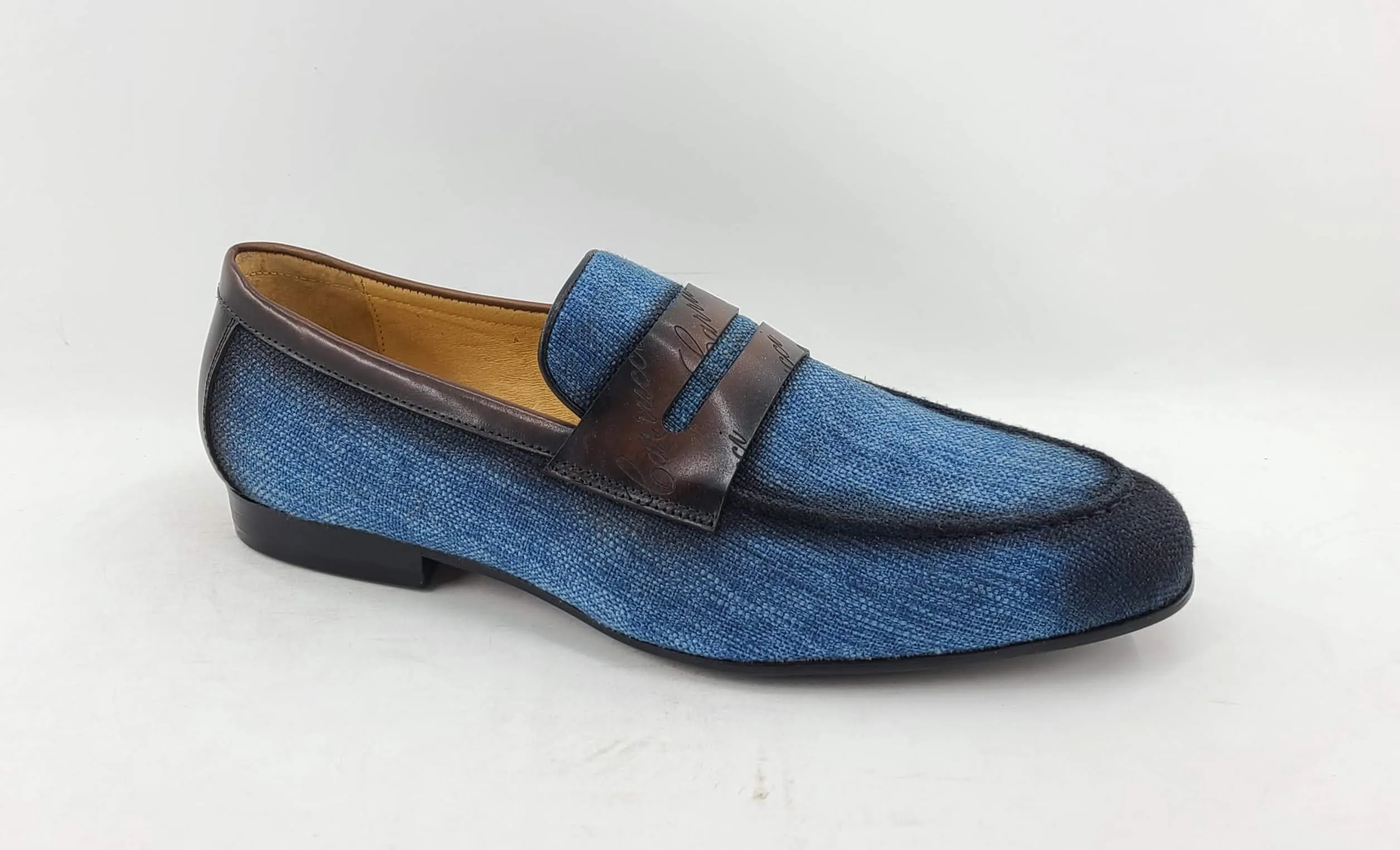 Woven Canvas & Calfskin Slip-On Loafer Blue/Brown